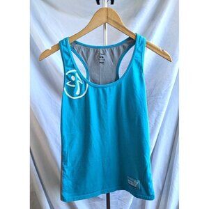 ZUMBA FITNESS Bright Blue Gray Athletic Racerback Tank ' United We Dance' Size L
